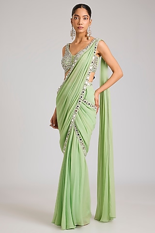 Mint Green Georgette Embellished Pre-Stitched Saree by Seema Thukral