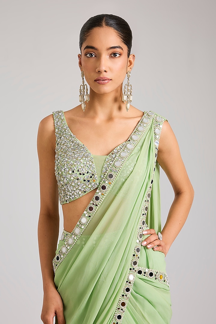 Mint Green Georgette Embellished Pre-Stitched Wedding Saree by Seema Thukral at Pernia's Pop Up Shop