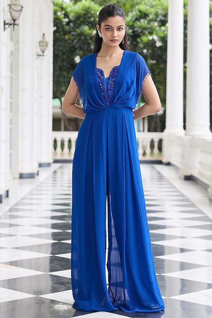 Electric Blue Georgette Embellished Pleated Jumpsuit by Seema Thukral at Pernia's Pop Up Shop