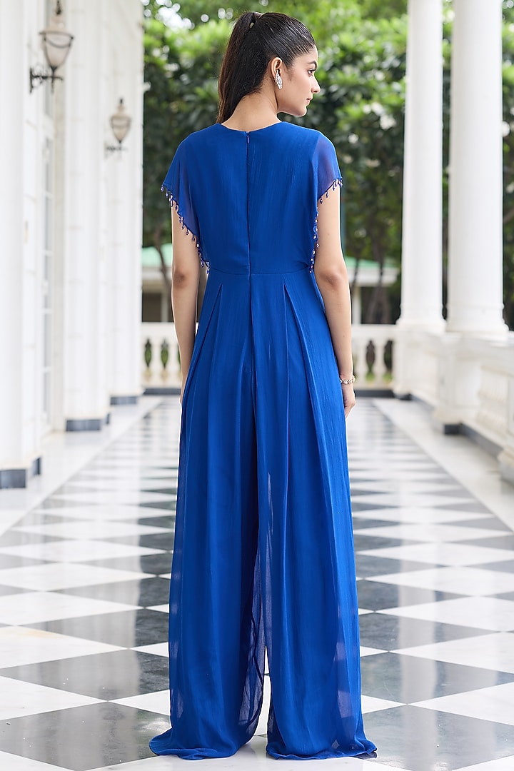 Electric Blue Georgette Embellished Pleated Jumpsuit by Seema Thukral at Pernia's Pop Up Shop