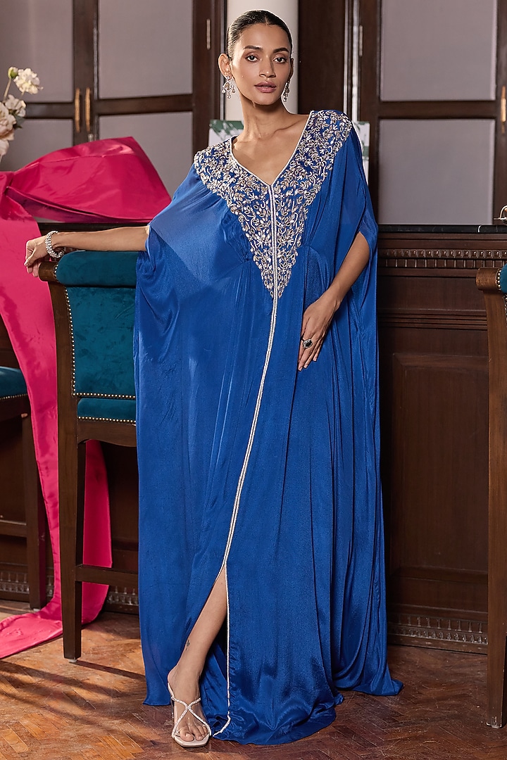 Electric Blue Chiffon Embellished Draped Kaftan by Seema Thukral at Pernia's Pop Up Shop