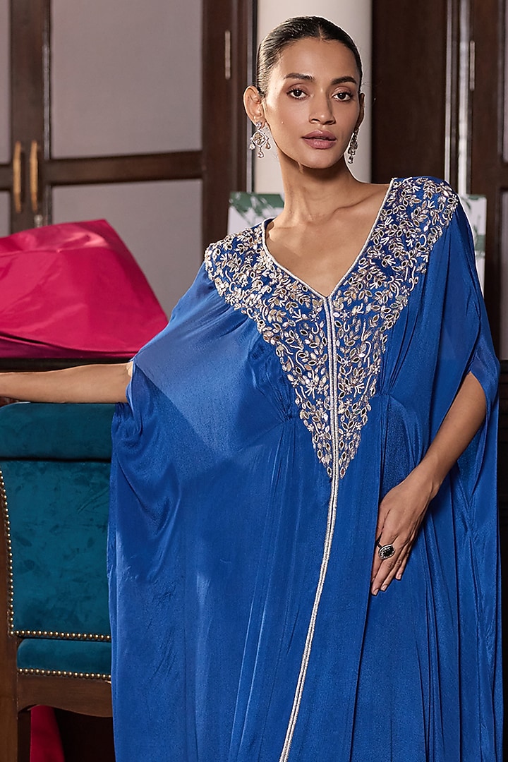 Electric Blue Chiffon Embellished Draped Kaftan by Seema Thukral at Pernia's Pop Up Shop