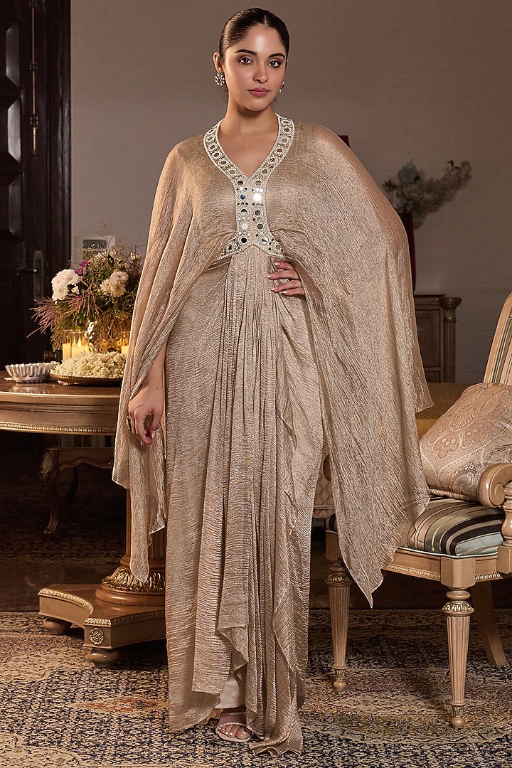 Gold Tissue Embellished Draped Vacation Dress by Seema Thukral at Pernia's Pop Up Shop