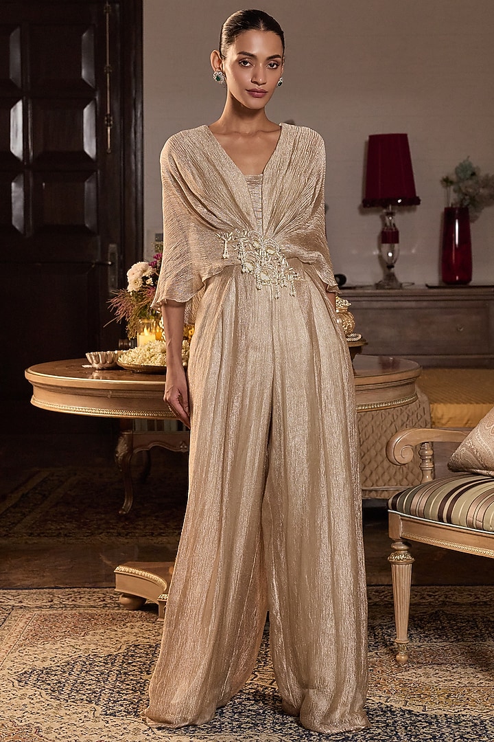 Gold Tissue Embellished Pleated Kaftan by Seema Thukral at Pernia's Pop Up Shop