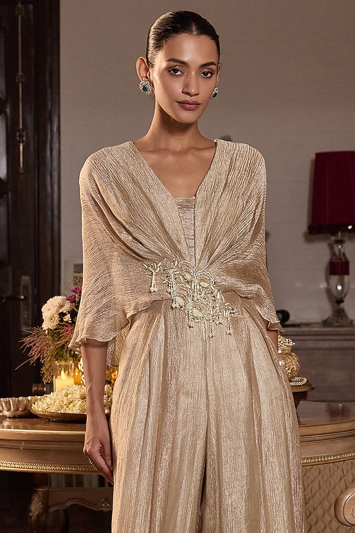 Gold Tissue Embellished Pleated Kaftan by Seema Thukral at Pernia's Pop Up Shop