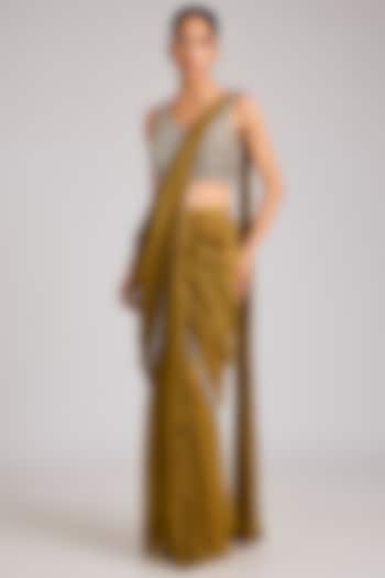 Dark Gold Tissue Embellished Pre-Stitched Wedding Saree by Seema Thukral at Pernia's Pop Up Shop