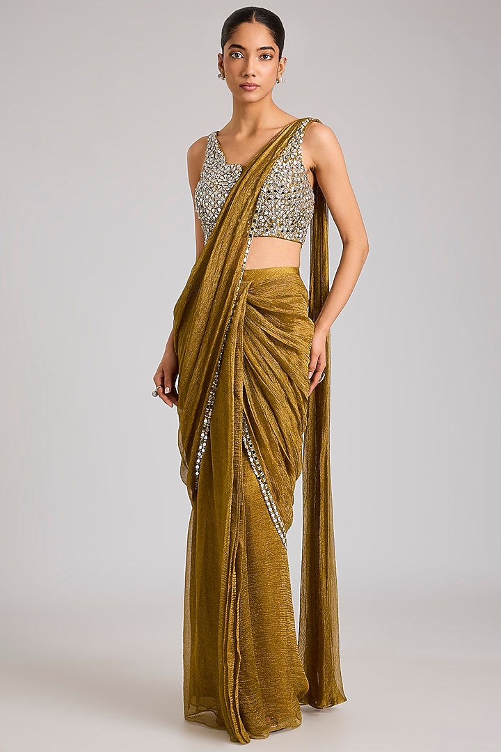 Dark Gold Tissue Embellished Pre-Stitched Wedding Saree by Seema Thukral at Pernia's Pop Up Shop