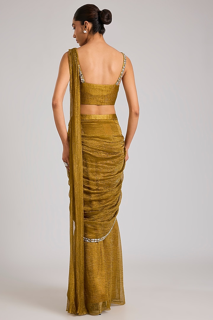 Dark Gold Tissue Embellished Pre-Stitched Wedding Saree by Seema Thukral at Pernia's Pop Up Shop
