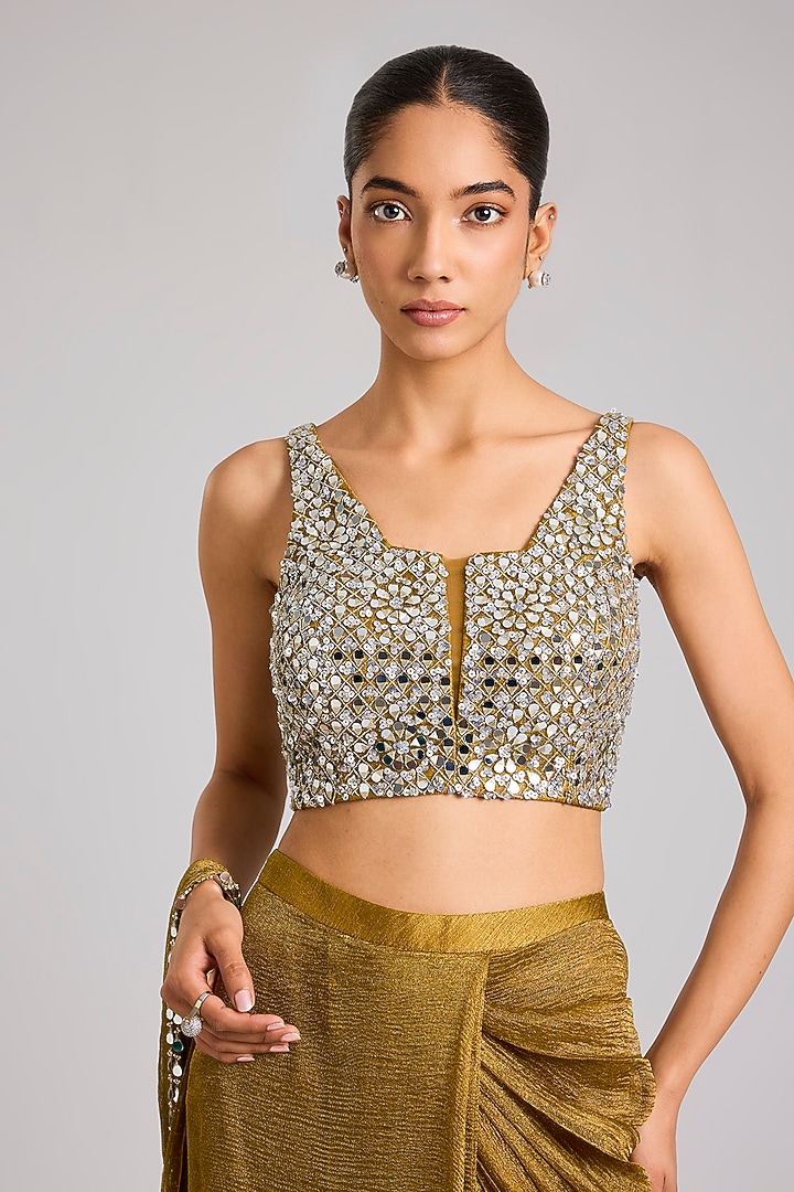 Dark Gold Tissue Embellished Pre-Stitched Wedding Saree by Seema Thukral at Pernia's Pop Up Shop