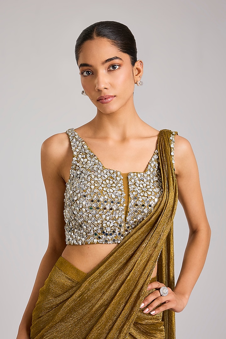 Dark Gold Tissue Embellished Pre-Stitched Wedding Saree by Seema Thukral at Pernia's Pop Up Shop