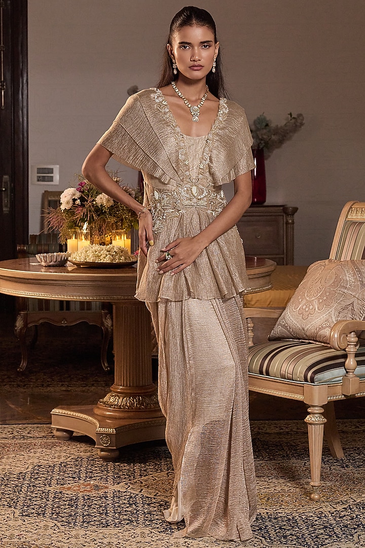 Gold Tissue Draped Skirt Set by Seema Thukral at Pernia's Pop Up Shop
