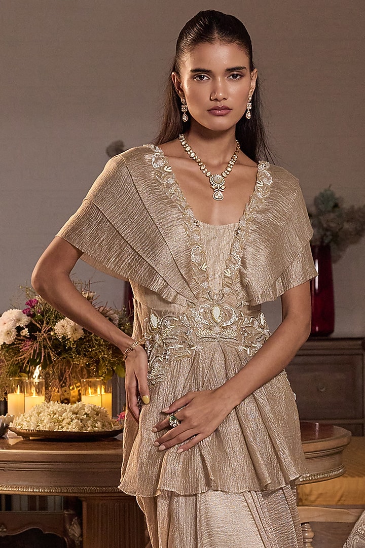 Gold Tissue Draped Skirt Set by Seema Thukral at Pernia's Pop Up Shop