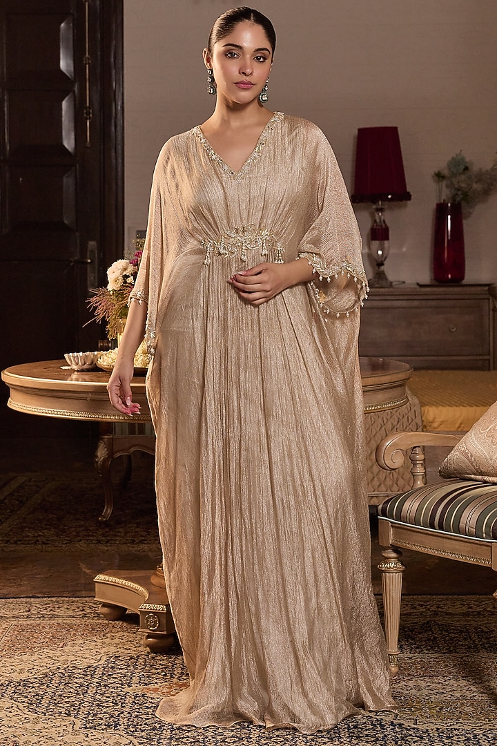 Gold Tissue Embellished Draped Kaftan by Seema Thukral at Pernia's Pop Up Shop