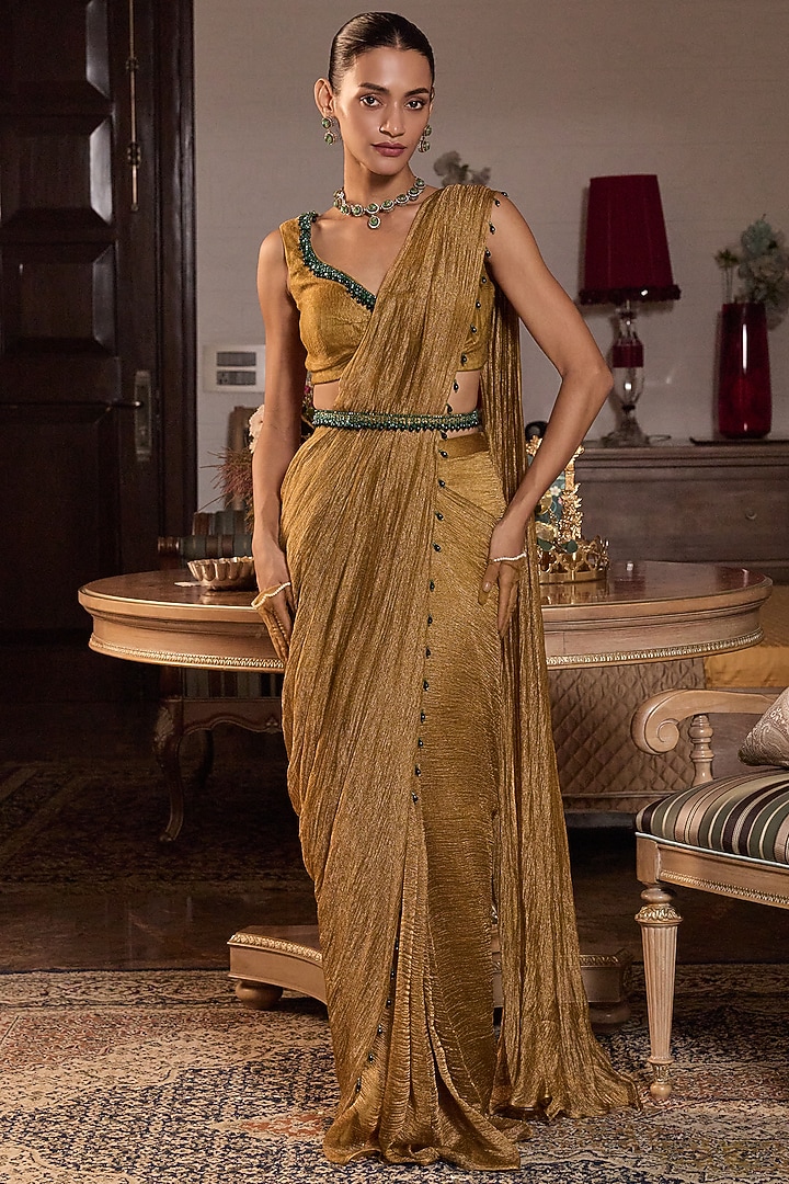 Dark Gold Tissue Embellished Pre-Stitched Wedding Saree Set by Seema Thukral at Pernia's Pop Up Shop
