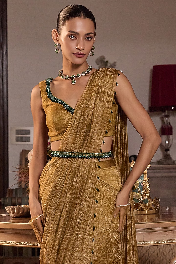 Dark Gold Tissue Embellished Pre-Stitched Wedding Saree Set by Seema Thukral at Pernia's Pop Up Shop