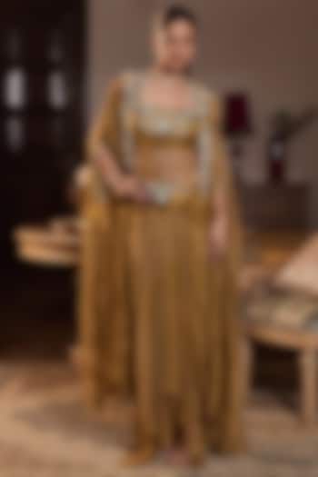 Dark Gold Tissue Embellished Cape Set by Seema Thukral at Pernia's Pop Up Shop