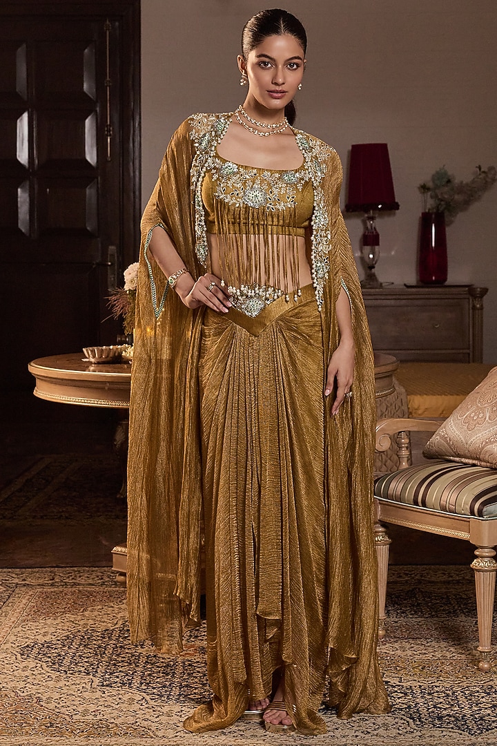 Dark Gold Tissue Embellished Cape Set by Seema Thukral at Pernia's Pop Up Shop