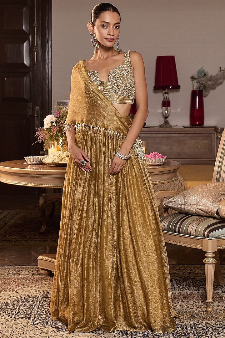 Dark Gold Tissue Wedding Lehenga Set by Seema Thukral at Pernia's Pop Up Shop