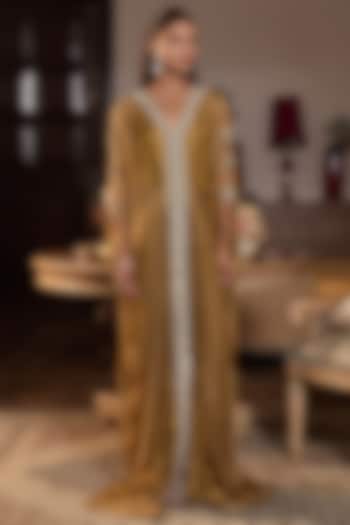 Dark Gold Tissue Embellished Draped Kaftan by Seema Thukral at Pernia's Pop Up Shop
