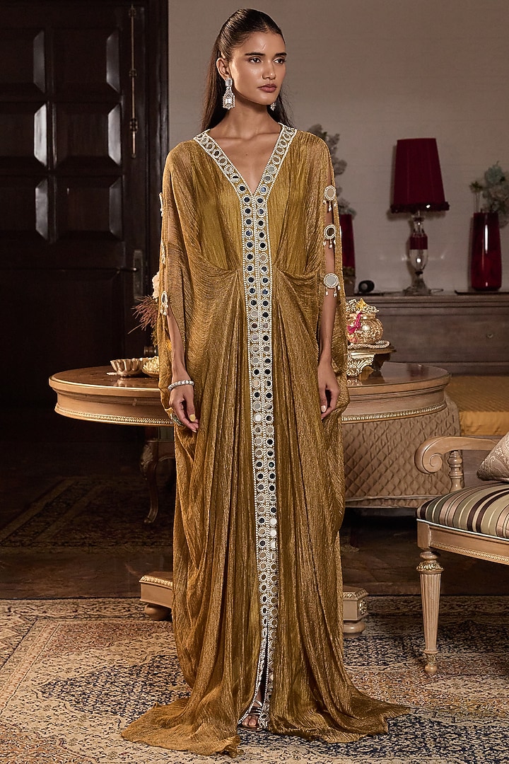 Dark Gold Tissue Embellished Draped Kaftan by Seema Thukral at Pernia's Pop Up Shop