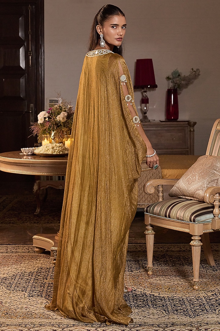 Dark Gold Tissue Embellished Draped Kaftan by Seema Thukral at Pernia's Pop Up Shop