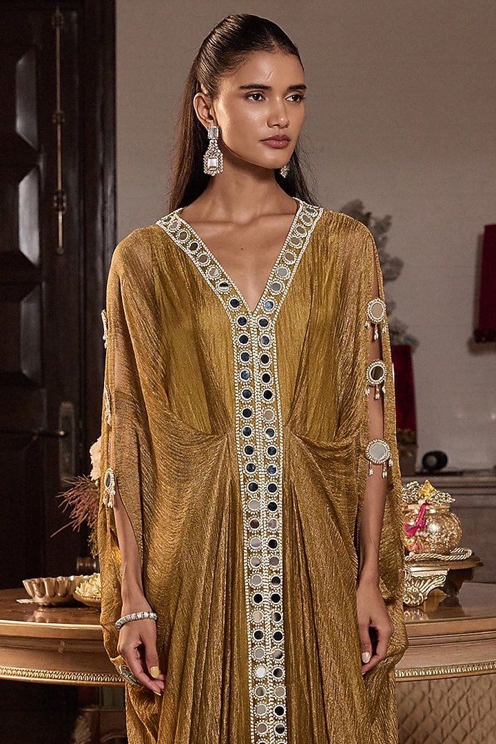 Dark Gold Tissue Embellished Draped Kaftan by Seema Thukral at Pernia's Pop Up Shop