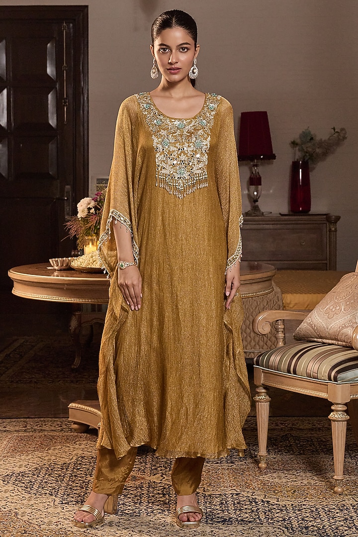 Dark Gold Tissue & Habutai Silk Embellished Kaftan Set by Seema Thukral at Pernia's Pop Up Shop