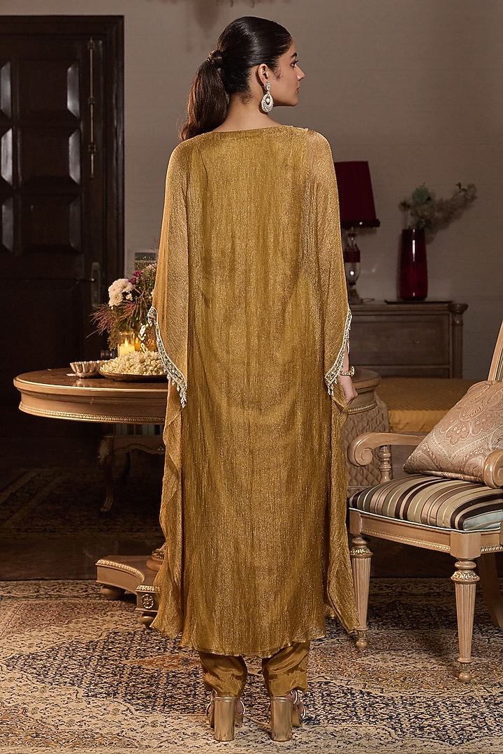 Dark Gold Tissue & Habutai Silk Embellished Kaftan Set by Seema Thukral at Pernia's Pop Up Shop