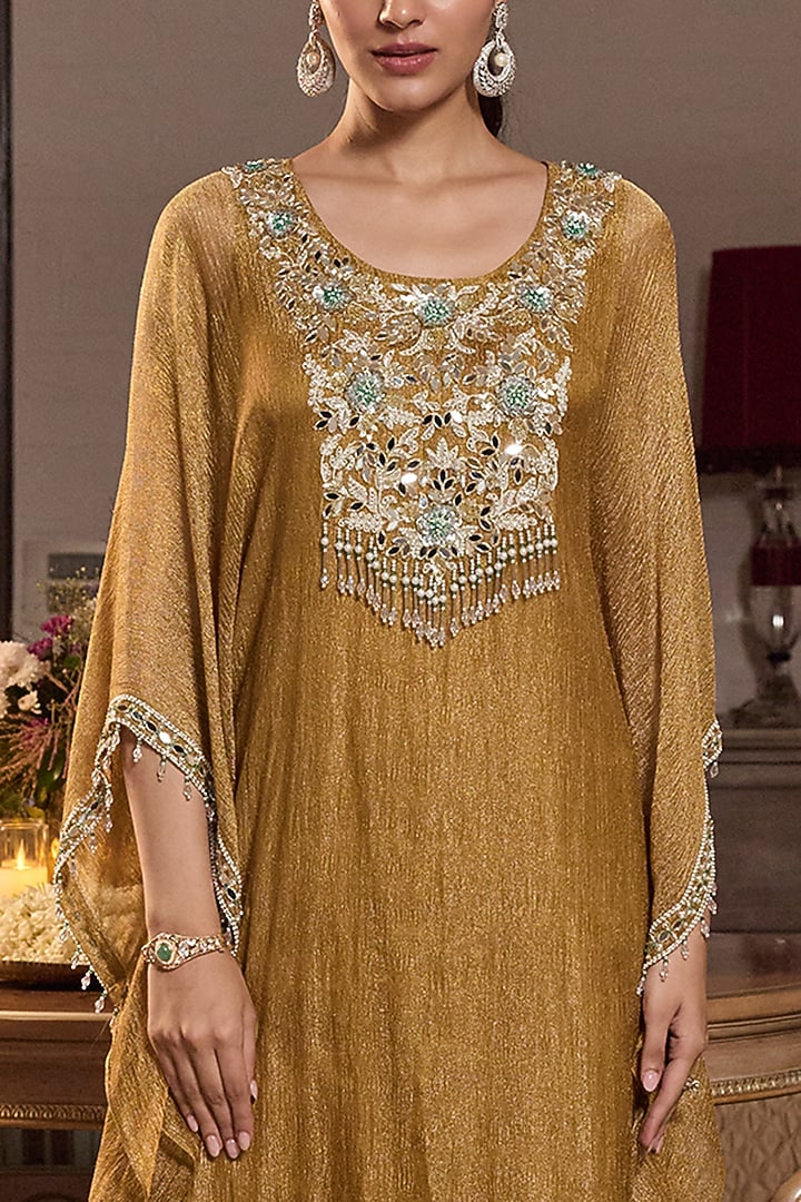 Dark Gold Tissue & Habutai Silk Embellished Kaftan Set by Seema Thukral at Pernia's Pop Up Shop