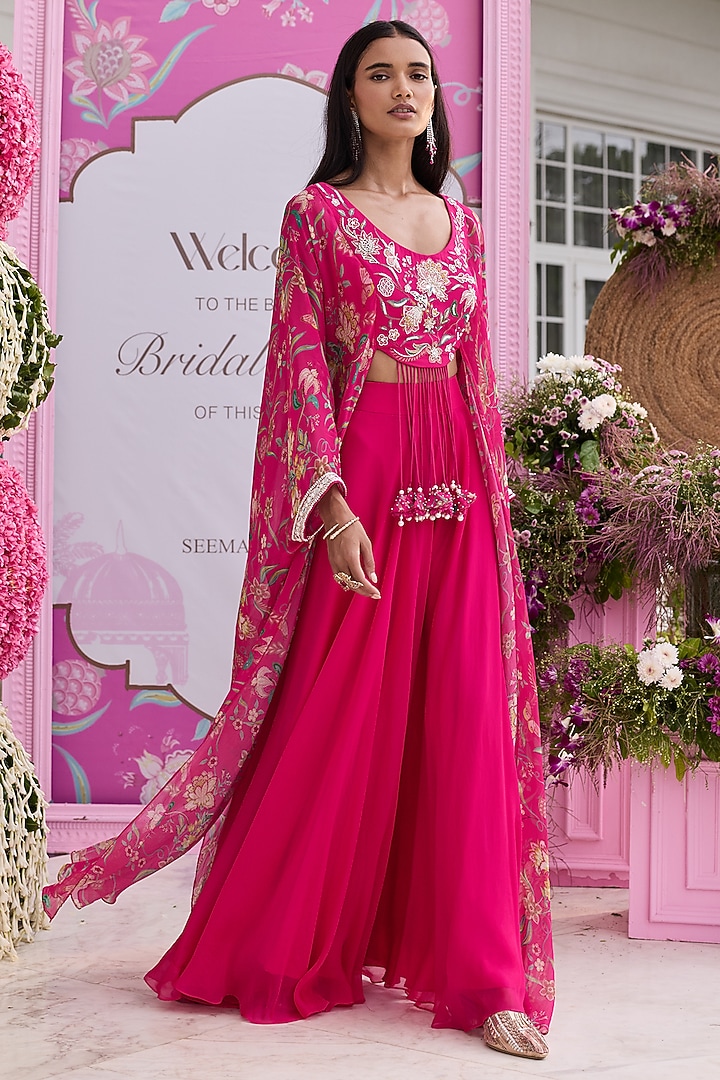 Hot Pink Organza & Georgette Wedding Sharara Set by Seema Thukral at Pernia's Pop Up Shop
