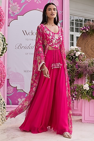 Hot Pink Organza & Georgette Sharara Set by Seema Thukral