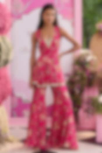Hot Pink Organza Printed Flared Pant Set by Seema Thukral at Pernia's Pop Up Shop