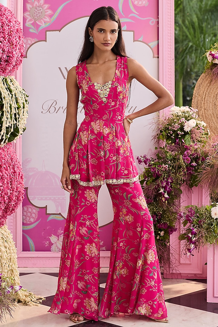 Hot Pink Organza Printed Flared Pant Set by Seema Thukral at Pernia's Pop Up Shop
