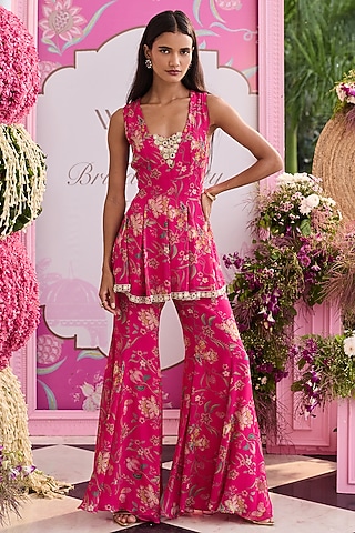 Hot Pink Organza Printed Flared Pant Set by Seema Thukral