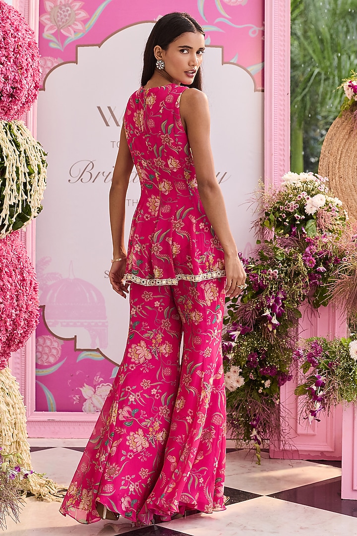 Hot Pink Organza Printed Flared Pant Set by Seema Thukral at Pernia's Pop Up Shop