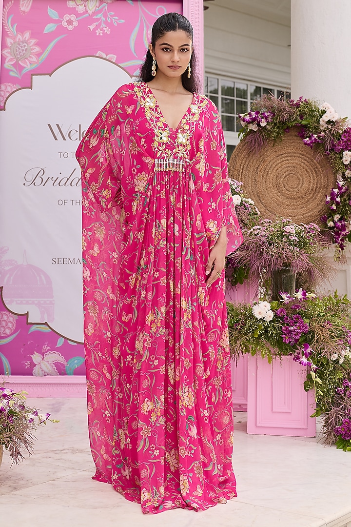 Hot Pink Chiffon Printed & Embellished Kaftan by Seema Thukral at Pernia's Pop Up Shop