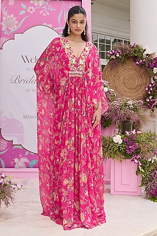 Hot Pink Chiffon Printed & Embellished Kaftan by Seema Thukral