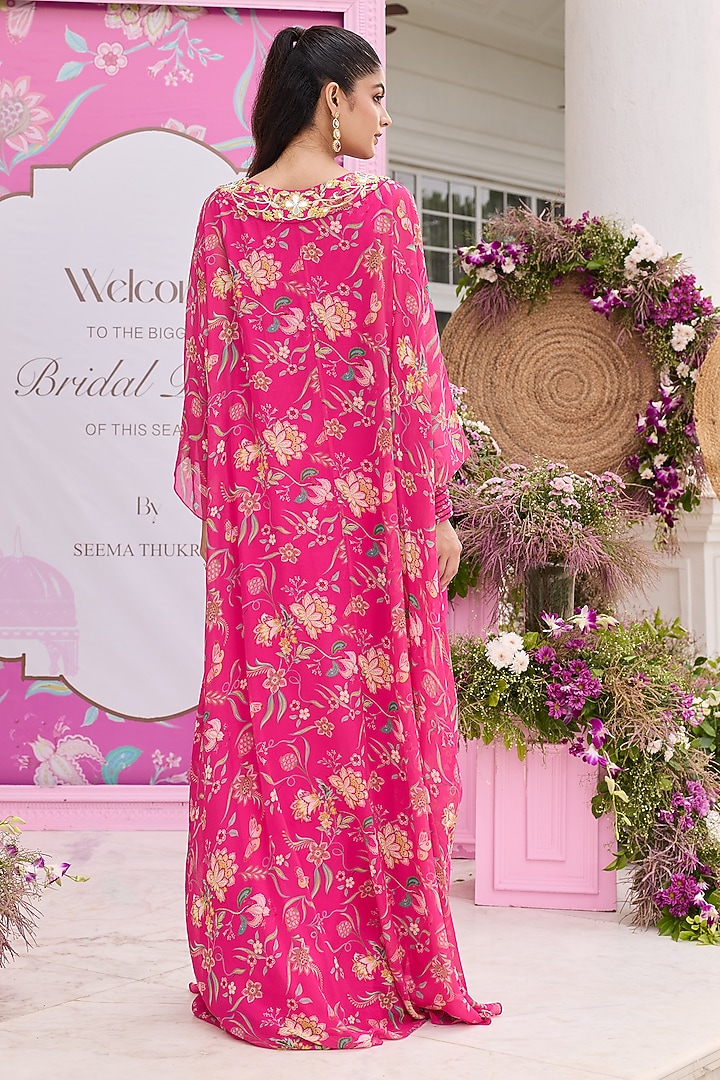 Hot Pink Chiffon Printed & Embellished Kaftan by Seema Thukral at Pernia's Pop Up Shop