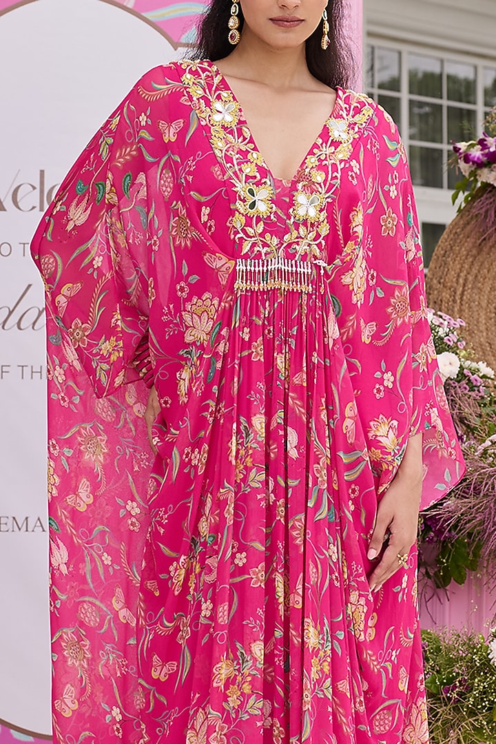 Hot Pink Chiffon Printed & Embellished Kaftan by Seema Thukral at Pernia's Pop Up Shop
