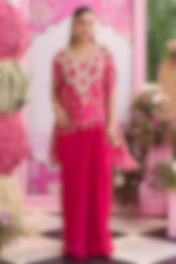 Hot Pink Georgette Draped Skirt Set by Seema Thukral at Pernia's Pop Up Shop