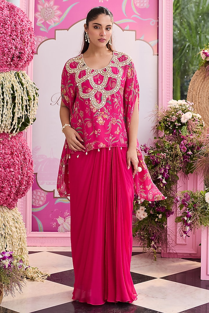 Hot Pink Georgette Draped Skirt Set by Seema Thukral at Pernia's Pop Up Shop