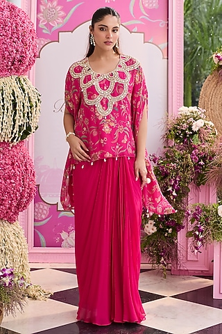 Hot Pink Georgette Draped Skirt Set by Seema Thukral