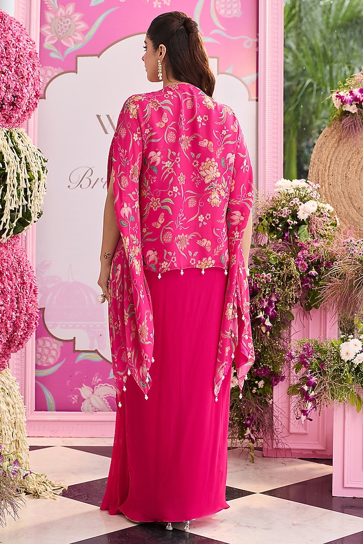 Hot Pink Georgette Draped Skirt Set by Seema Thukral at Pernia's Pop Up Shop