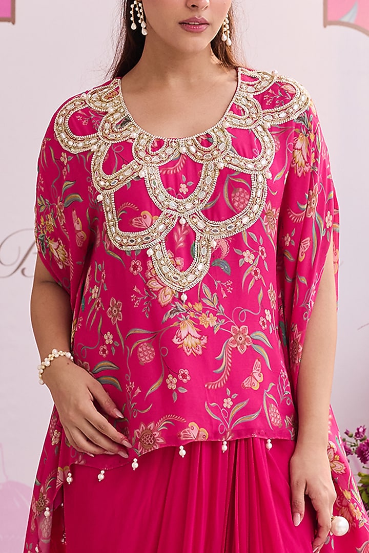 Hot Pink Georgette Draped Skirt Set by Seema Thukral at Pernia's Pop Up Shop