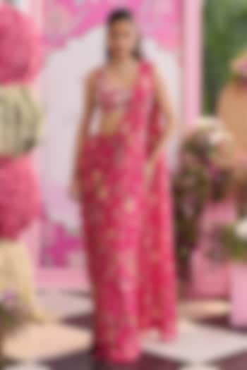 Hot Pink Georgette Printed Pre-Stitched Wedding Saree Set by Seema Thukral at Pernia's Pop Up Shop