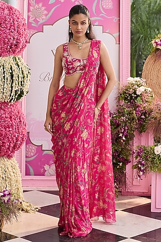 Hot Pink Georgette Printed Pre-Stitched Saree Set by Seema Thukral