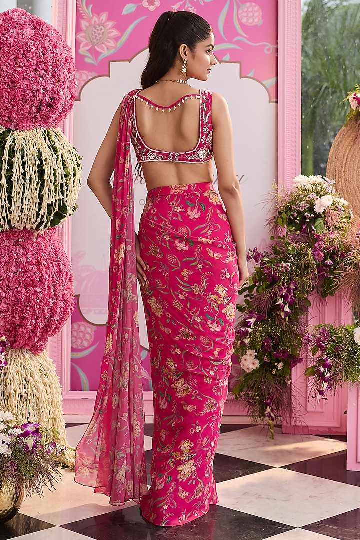 Hot Pink Georgette Printed Pre-Stitched Wedding Saree Set by Seema Thukral at Pernia's Pop Up Shop