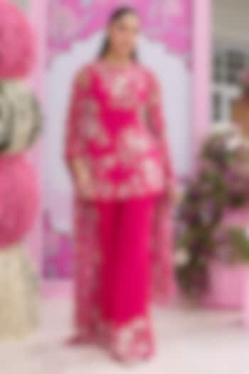 Hot Pink Georgette & Organza Embellished Kurta Set by Seema Thukral at Pernia's Pop Up Shop