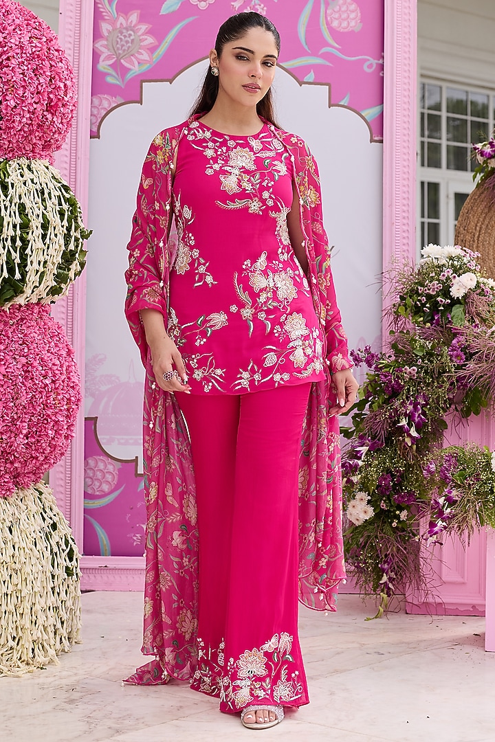 Hot Pink Georgette & Organza Embellished Kurta Set by Seema Thukral at Pernia's Pop Up Shop