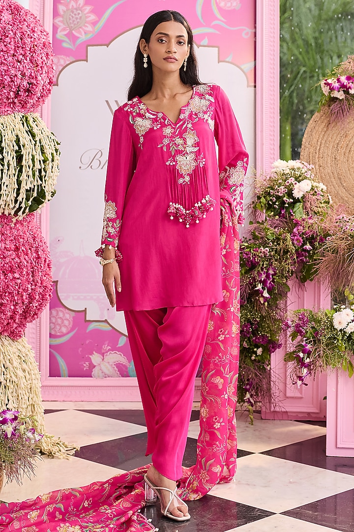 Hot Pink Satin & Organza Embellished Kurta Set by Seema Thukral at Pernia's Pop Up Shop